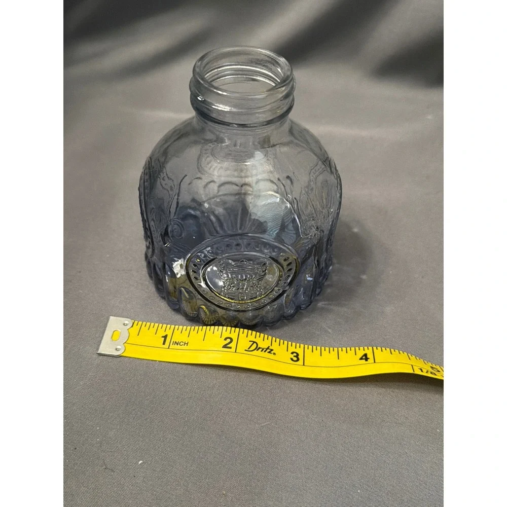 Vintage Blue Embossed Glass Bottle Scalloped Bud Vase Crest Design 3.5 Inch